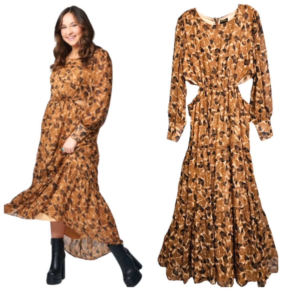Nwt Sugarlips Abstract Leopard Tan/Black Longsleeve Chiffon Cut out Midriff Maxi